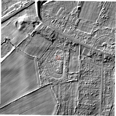 Shaded relief map of the ground around DN74EF, computed from Environment Agency LiDAR. The ground here sits at about 3 m above sea level and falls 9 m across the surrounding 800 m. Surface water reaching this point runs off ground lying to the south, 2.4 m higher.