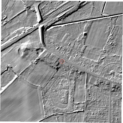 Shaded relief map of the ground around DN74EG, computed from Environment Agency LiDAR. The ground here sits at about 4 m above sea level and falls 9 m across the surrounding 800 m. Surface water reaching this point runs off ground lying to the west-north-west, 1.2 m higher.