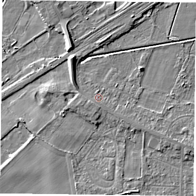 Shaded relief map of the ground around DN74EJ, computed from Environment Agency LiDAR. The ground here sits at about 4 m above sea level and falls 9 m across the surrounding 800 m. Surface water reaching this point runs off ground lying to the south-west, 1.0 m higher.