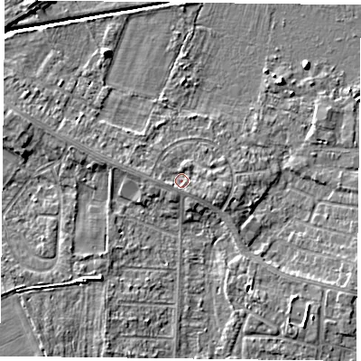 Shaded relief map of the ground around DN74EN, computed from Environment Agency LiDAR. The ground here sits at about 3 m above sea level and falls 5 m across the surrounding 800 m. Surface water reaching this point runs off ground lying to the west-south-west, 1.4 m higher.