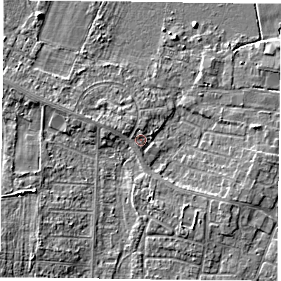 Shaded relief map of the ground around DN74EP, computed from Environment Agency LiDAR. The ground here sits at about 3 m above sea level and falls 8 m across the surrounding 800 m. Surface water reaching this point runs off ground lying to the north, 1.5 m higher.
