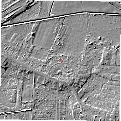 Shaded relief map of the ground around DN74ER, computed from Environment Agency LiDAR. The ground here sits at about 2 m above sea level and falls 5 m across the surrounding 800 m. Surface water reaching this point runs off ground lying to the south-south-west, 1.6 m higher.