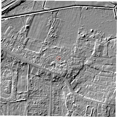 Shaded relief map of the ground around DN74EW, computed from Environment Agency LiDAR. The ground here sits at about 3 m above sea level and falls 5 m across the surrounding 800 m. Surface water reaching this point runs off ground lying to the south-west, 1.8 m higher.