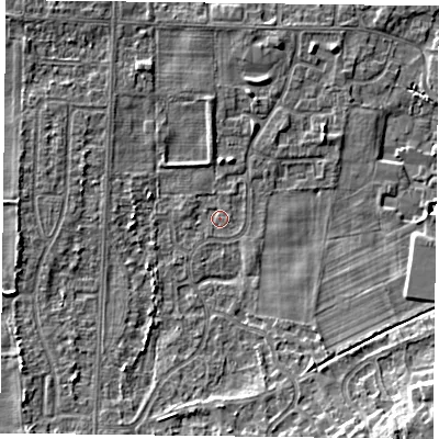 Shaded relief map of the ground around DN74EZ, computed from Environment Agency LiDAR. The ground here sits at about 3 m above sea level and falls 9 m across the surrounding 800 m. Surface water reaching this point runs off ground lying to the south-south-east, 5.6 m higher.