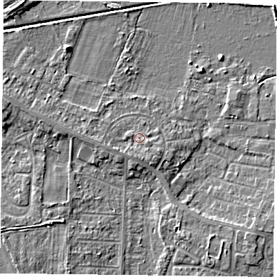 Shaded relief map of the ground around DN74FA, computed from Environment Agency LiDAR. The ground here sits at about 3 m above sea level and falls 5 m across the surrounding 800 m. Surface water reaching this point runs off ground lying to the west-south-west, 1.3 m higher.