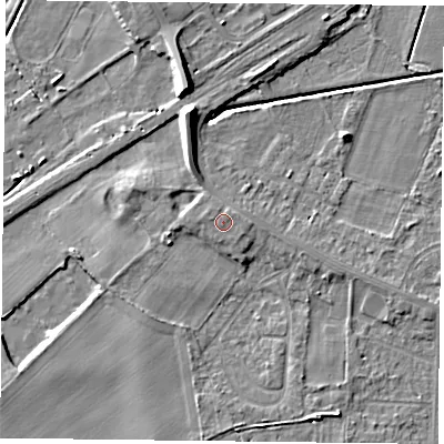 Shaded relief map of the ground around DN74FD, computed from Environment Agency LiDAR. The ground here sits at about 5 m above sea level and falls 9 m across the surrounding 800 m. Surface water reaching this point runs off ground lying to the west-north-west, 0.7 m higher.