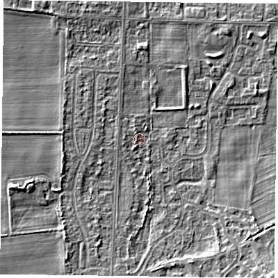 Shaded relief map of the ground around DN74FJ, computed from Environment Agency LiDAR. The ground here sits at about 4 m above sea level and falls 5 m across the surrounding 800 m. Surface water reaching this point runs off ground lying to the west-south-west, 3.6 m higher.