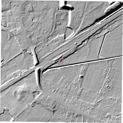 Shaded relief map of the ground around DN74FW, computed from Environment Agency LiDAR. The ground here sits at about 3 m above sea level and falls 12 m across the surrounding 800 m. Surface water reaching this point runs off ground lying to the north-north-west, 2.9 m higher.