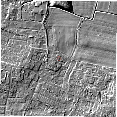 Shaded relief map of the ground around DN74GA, computed from Environment Agency LiDAR. The ground here sits at about 3 m above sea level and falls 10 m across the surrounding 800 m. Surface water reaching this point runs off ground lying to the south-east, 5.8 m higher.
