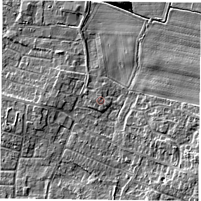 Shaded relief map of the ground around DN74GB, computed from Environment Agency LiDAR. The ground here sits at about 3 m above sea level and falls 7 m across the surrounding 800 m. Surface water reaching this point runs off ground lying to the west-north-west, 0.8 m higher.