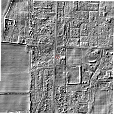 Shaded relief map of the ground around DN74HD, computed from Environment Agency LiDAR. The ground here sits at about 3 m above sea level and falls 5 m across the surrounding 800 m. Surface water reaching this point runs off ground lying to the east-south-east, 1.2 m higher.