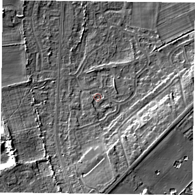 Shaded relief map of the ground around DN74HF, computed from Environment Agency LiDAR. The ground here sits at about 6 m above sea level and falls 13 m across the surrounding 800 m. Surface water reaching this point runs off ground lying to the south, 1.7 m higher.