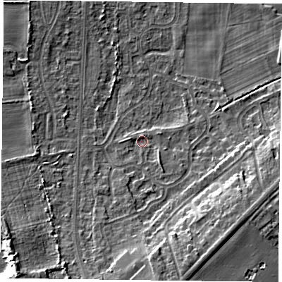 Shaded relief map of the ground around DN74HG, computed from Environment Agency LiDAR. The ground here sits at about 5 m above sea level and falls 11 m across the surrounding 800 m. Surface water reaching this point runs off ground lying to the south-south-east, 8.2 m higher.