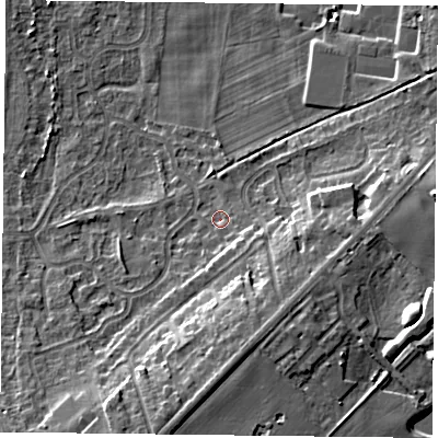 Shaded relief map of the ground around DN74HL, computed from Environment Agency LiDAR. The ground here sits at about 6 m above sea level and falls 12 m across the surrounding 800 m. Surface water reaching this point runs off ground lying to the south-south-east, 2.8 m higher.