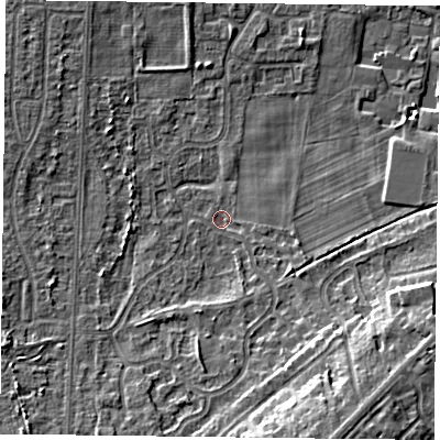 Shaded relief map of the ground around DN74HP, computed from Environment Agency LiDAR. The ground here sits at about 3 m above sea level and falls 12 m across the surrounding 800 m. Surface water reaching this point runs off ground lying to the east-south-east, 2.4 m higher.