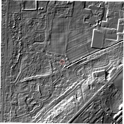Shaded relief map of the ground around DN74HQ, computed from Environment Agency LiDAR. The ground here sits at about 5 m above sea level and falls 12 m across the surrounding 800 m. Surface water reaching this point runs off ground lying to the south-east, 1.3 m higher.