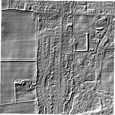 Shaded relief map of the ground around DN74HR, computed from Environment Agency LiDAR. The ground here sits at about 4 m above sea level and falls 4 m across the surrounding 800 m. Surface water reaching this point runs off ground lying to the north-north-west, 0.9 m higher.