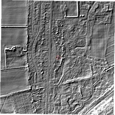 Shaded relief map of the ground around DN74HS, computed from Environment Agency LiDAR. The ground here sits at about 4 m above sea level and falls 10 m across the surrounding 800 m. Surface water reaching this point runs off ground lying to the south-south-east, 1.4 m higher.