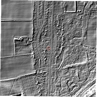 Shaded relief map of the ground around DN74HT, computed from Environment Agency LiDAR. The ground here sits at about 4 m above sea level and falls 10 m across the surrounding 800 m. Surface water reaching this point runs off ground lying to the south-south-west, 5.5 m higher.
