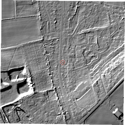 Shaded relief map of the ground around DN74HU, computed from Environment Agency LiDAR. The ground here sits at about 7 m above sea level and falls 13 m across the surrounding 800 m. Surface water reaching this point runs off ground lying to the south-south-east, 7.1 m higher.