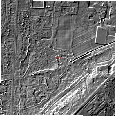 Shaded relief map of the ground around DN74HW, computed from Environment Agency LiDAR. The ground here sits at about 4 m above sea level and falls 12 m across the surrounding 800 m. Surface water reaching this point runs off ground lying to the south-south-east, 9.5 m higher.