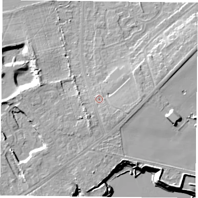 Shaded relief map of the ground around DN74HX, computed from Environment Agency LiDAR. The ground here sits at about 11 m above sea level and falls 15 m across the surrounding 800 m. Surface water reaching this point runs off ground lying to the east-south-east, 3.1 m higher.