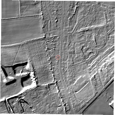 Shaded relief map of the ground around DN74HY, computed from Environment Agency LiDAR. The ground here sits at about 6 m above sea level and falls 13 m across the surrounding 800 m. Surface water reaching this point runs off ground lying to the south, 7.7 m higher.