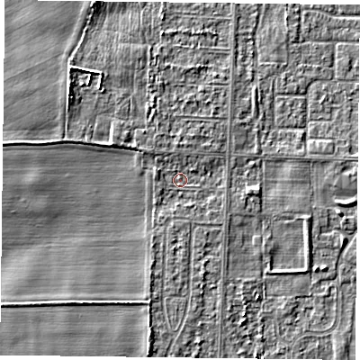 Shaded relief map of the ground around DN74JA, computed from Environment Agency LiDAR. The ground here sits at about 4 m above sea level and falls 5 m across the surrounding 800 m. Surface water reaching this point runs off ground lying to the south-west, 2.6 m higher.