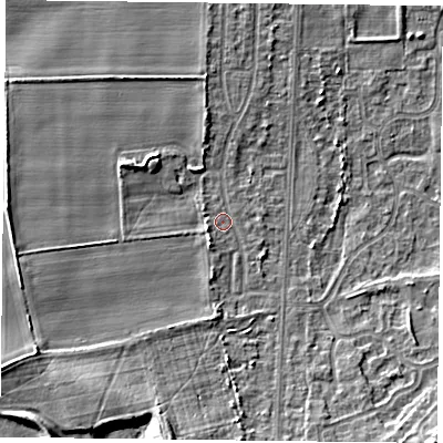 Shaded relief map of the ground around DN74JB, computed from Environment Agency LiDAR. The ground here sits at about 5 m above sea level and falls 9 m across the surrounding 800 m. Surface water reaching this point runs off ground lying to the south, 2.0 m higher.