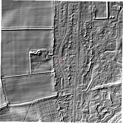 Shaded relief map of the ground around DN74JD, computed from Environment Agency LiDAR. The ground here sits at about 4 m above sea level and falls 7 m across the surrounding 800 m. Surface water reaching this point runs off ground lying to the south, 2.2 m higher.