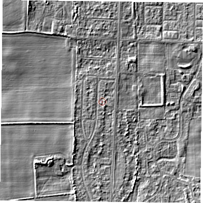 Shaded relief map of the ground around DN74JE, computed from Environment Agency LiDAR. The ground here sits at about 4 m above sea level and falls 5 m across the surrounding 800 m. Surface water reaching this point runs off ground lying to the south-south-west, 1.8 m higher.