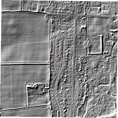 Shaded relief map of the ground around DN74JF, computed from Environment Agency LiDAR. The ground here sits at about 4 m above sea level and falls 4 m across the surrounding 800 m. Surface water reaching this point runs off ground lying to the south-south-west, 1.7 m higher.
