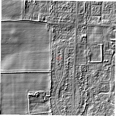 Shaded relief map of the ground around DN74JG, computed from Environment Agency LiDAR. The ground here sits at about 4 m above sea level and falls 5 m across the surrounding 800 m. Surface water reaching this point runs off ground lying to the south-west, 0.8 m higher.