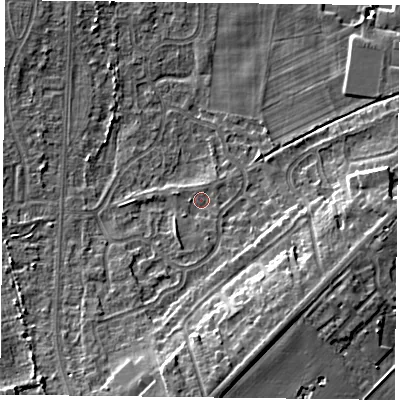 Shaded relief map of the ground around DN74JH, computed from Environment Agency LiDAR. The ground here sits at about 5 m above sea level and falls 12 m across the surrounding 800 m. Surface water reaching this point runs off ground lying to the south-south-west, 1.7 m higher.