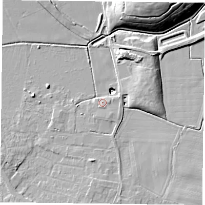 Shaded relief map of the ground around DN74JJ, computed from Environment Agency LiDAR. The ground here sits at about 2 m above sea level and falls 23 m across the surrounding 800 m. Surface water reaching this point runs off ground lying to the south, 1.7 m higher.