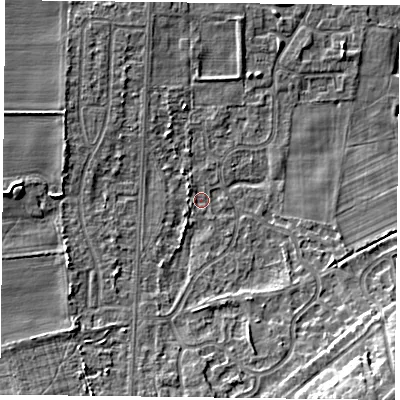 Shaded relief map of the ground around DN74JL, computed from Environment Agency LiDAR. The ground here sits at about 3 m above sea level and falls 10 m across the surrounding 800 m. Surface water reaching this point runs off ground lying to the south-east, 9.7 m higher.