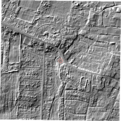 Shaded relief map of the ground around DN74JP, computed from Environment Agency LiDAR. The ground here sits at about 2 m above sea level and falls 5 m across the surrounding 800 m. Surface water reaching this point runs off ground lying to the west-south-west, 4.2 m higher.