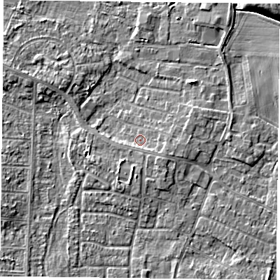 Shaded relief map of the ground around DN74JR, computed from Environment Agency LiDAR. The ground here sits at about 2 m above sea level and falls 8 m across the surrounding 800 m. Surface water reaching this point runs off ground lying to the east-south-east, 1.6 m higher.