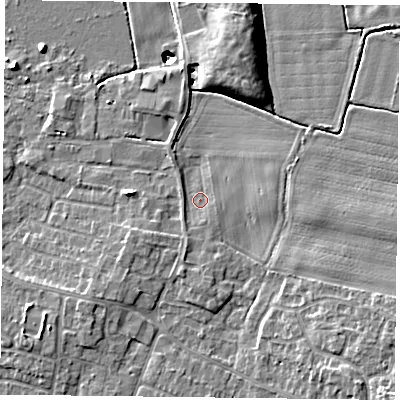 Shaded relief map of the ground around DN74JT, computed from Environment Agency LiDAR. The ground here sits at about 2 m above sea level and falls 12 m across the surrounding 800 m. Surface water reaching this point runs off ground lying to the south-south-west, 1.9 m higher.