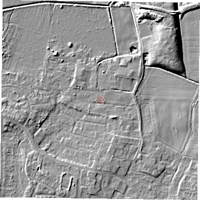 Shaded relief map of the ground around DN74JU, computed from Environment Agency LiDAR. The ground here sits at about 2 m above sea level and falls 12 m across the surrounding 800 m. Surface water reaching this point runs off ground lying to the south-east, 2.6 m higher.