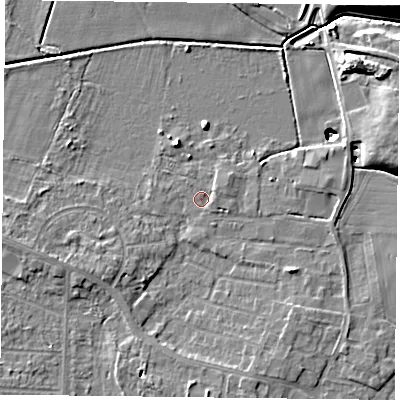 Shaded relief map of the ground around DN74JX, computed from Environment Agency LiDAR. The ground here sits at about 1 m above sea level and falls 14 m across the surrounding 800 m. Surface water reaching this point runs off ground lying to the south, 3.3 m higher.