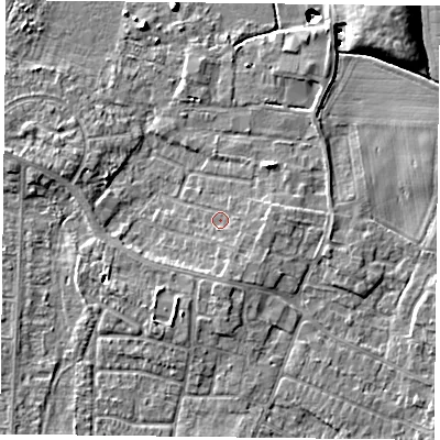 Shaded relief map of the ground around DN74JY, computed from Environment Agency LiDAR. The ground here sits at about 2 m above sea level and falls 11 m across the surrounding 800 m. Surface water reaching this point runs off ground lying to the south-south-east, 1.8 m higher.