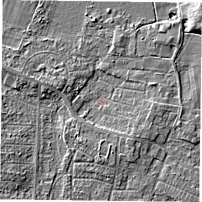 Shaded relief map of the ground around DN74JZ, computed from Environment Agency LiDAR. The ground here sits at about 1 m above sea level and falls 11 m across the surrounding 800 m. Surface water reaching this point runs off ground lying to the south, 3.2 m higher.