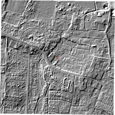 Shaded relief map of the ground around DN74LA, computed from Environment Agency LiDAR. The ground here sits at about 2 m above sea level and falls 11 m across the surrounding 800 m. Surface water reaching this point runs off ground lying to the south-south-east, 3.2 m higher.