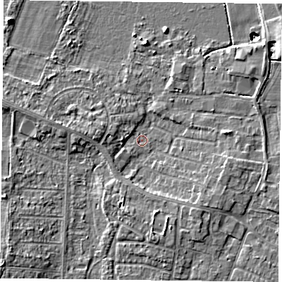 Shaded relief map of the ground around DN74LB, computed from Environment Agency LiDAR. The ground here sits at about 1 m above sea level and falls 11 m across the surrounding 800 m. Surface water reaching this point runs off ground lying to the south-south-east, 3.3 m higher.
