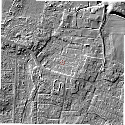 Shaded relief map of the ground around DN74LD, computed from Environment Agency LiDAR. The ground here sits at about 2 m above sea level and falls 11 m across the surrounding 800 m. Surface water reaching this point runs off ground lying to the south-east, 1.9 m higher.