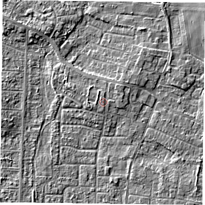 Shaded relief map of the ground around DN74LE, computed from Environment Agency LiDAR. The ground here sits at about 4 m above sea level and falls 3 m across the surrounding 800 m. Surface water reaching this point runs off ground lying to the east-north-east, 0.8 m higher.