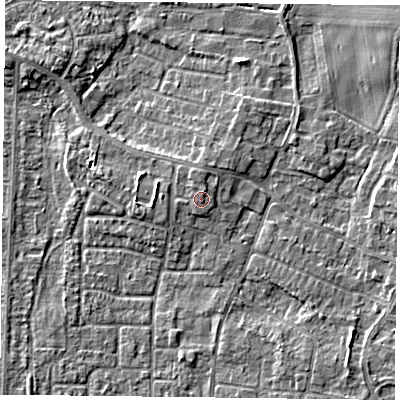 Shaded relief map of the ground around DN74LF, computed from Environment Agency LiDAR. The ground here sits at about 4 m above sea level and falls 3 m across the surrounding 800 m. Surface water reaching this point runs off ground lying to the north-north-east, 0.5 m higher.
