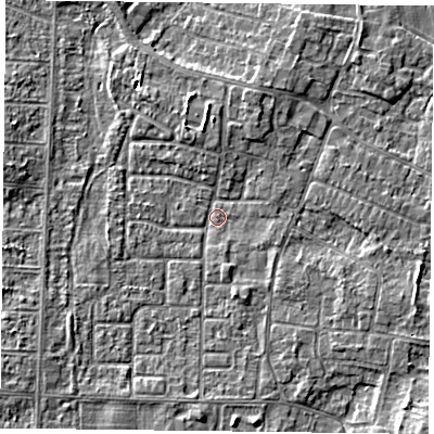 Shaded relief map of the ground around DN74LG, computed from Environment Agency LiDAR. The ground here sits at about 2 m above sea level and falls 4 m across the surrounding 800 m. Surface water reaching this point runs off ground lying to the north, 1.9 m higher.