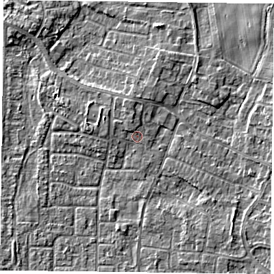 Shaded relief map of the ground around DN74LH, computed from Environment Agency LiDAR. The ground here sits at about 3 m above sea level and falls 3 m across the surrounding 800 m. Surface water reaching this point runs off ground lying to the north-west, 1.1 m higher.
